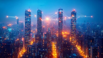 A futuristic urban landscape at night, with illuminated lines of wireless connectivity linking towering high-rises. The neon-lit communication lines create a seamless network across the cityscape,