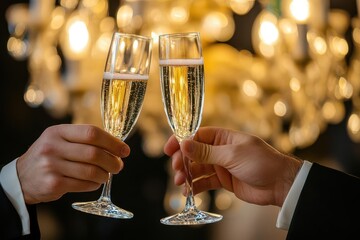 Close-up of executives in black-tie suits clinking crystal champagne flutes under elegant chandeliers, executive success, evening celebration