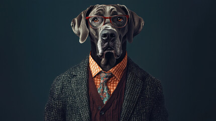 Great Dane Dog in Glasses and Suit