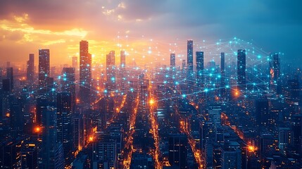 Obraz premium A futuristic urban skyline with glowing data streams connecting mobile devices, homes, and skyscrapers. The city pulses with digital energy as communication lines weave between buildings, hd quality,
