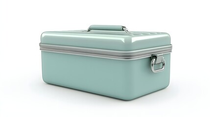 60. A lifelike 3D render of a vintage metal lunchbox with retro design, isolated on a pristine white background