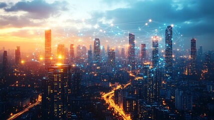 Obraz premium A futuristic urban skyline with glowing data streams connecting mobile devices, homes, and skyscrapers. The city pulses with digital energy as communication lines weave between buildings, hd quality,