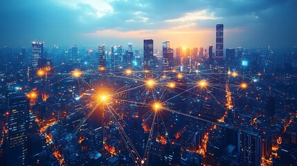 Fototapeta premium A global cityscape seen from above, with illuminated fiber optic cables connecting various regions and continents. The glowing lines form a digital network,