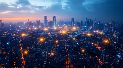 Fototapeta premium A global cityscape seen from above, with illuminated fiber optic cables connecting various regions and continents. The glowing lines form a digital network,