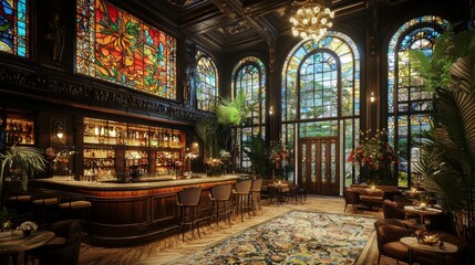 Obraz premium Elegant Bar Interior with Stained Glass Windows and Vintage Decor