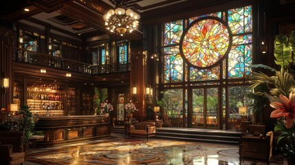 Obraz premium Luxurious Lobby Interior with Stained Glass Window and Marble Floor