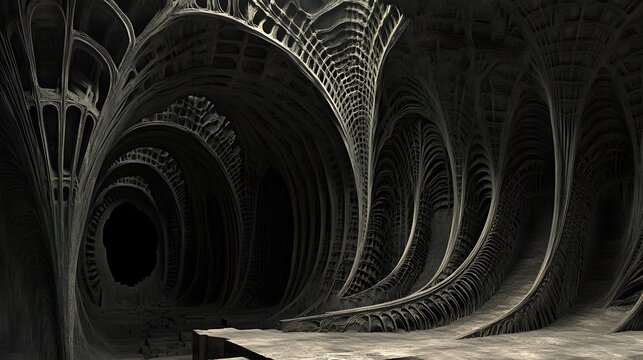 Abstract Dark Cave With Archways and Intricate Structures
