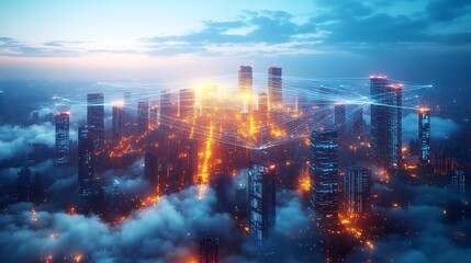 Obraz premium A glowing digital metropolis floating above a sea of clouds, with illuminated threads connecting every building. The city shines with neon colors, reflecting in the misty cloudscape below,