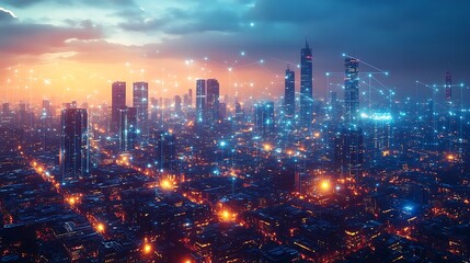 Fototapeta premium A highly developed futuristic city glowing with neon communication lines that crisscross between high-rise buildings and public spaces. The city pulses with digital energy,