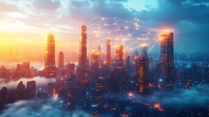 Fototapeta premium A glowing digital metropolis floating above a sea of clouds, with illuminated threads connecting every building. The city shines with neon colors, reflecting in the misty cloudscape below,