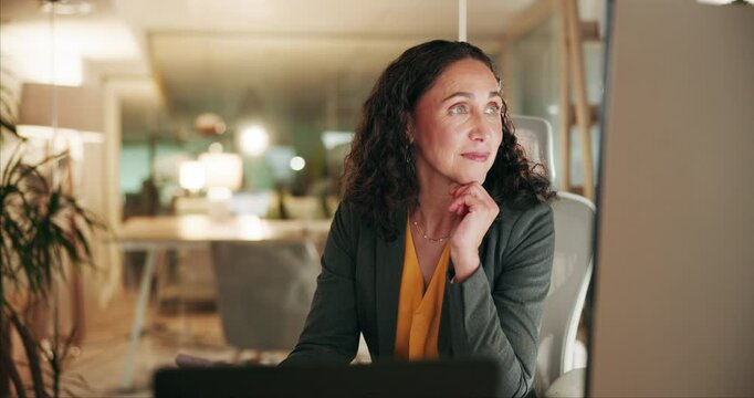 Woman, phone and smile in office for business, opportunity and positive feedback. Mature auditor, tech and happy in finance department for company update and exciting information for corporate growth