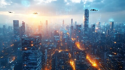 Fototapeta premium A high-tech city with glowing data networks, holograms hovering above the streets, and drones patrolling the skyline. The futuristic city is alive with digital interaction,