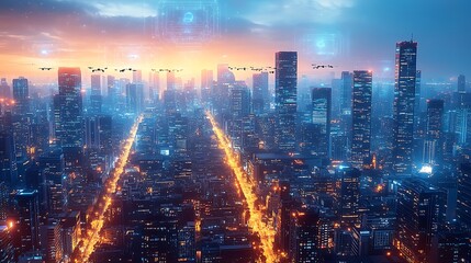 Fototapeta premium A high-tech city with glowing data networks, holograms hovering above the streets, and drones patrolling the skyline. The futuristic city is alive with digital interaction,