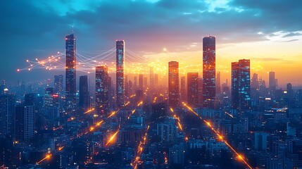 Fototapeta premium A high-tech skyline at dusk, with glowing neon lines representing cloud networks connecting sleek skyscrapers.