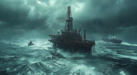 “An Oil Rig in the Middle of an Ocean with Rough Weather and Choppy Waves”
