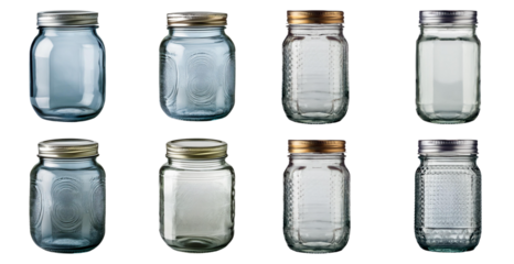 Collection of glass jars with various lids isolated on transparent background