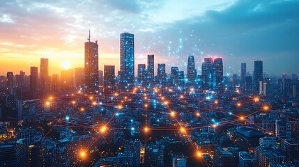 Fototapeta premium A modern city at twilight, with pulsing neon data streams visibly connecting homes, mobile devices, and businesses. The skyline reflects the glow of the digital network,