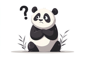 Fototapeta premium A cartoon panda with a confused expression, surrounded by plants.