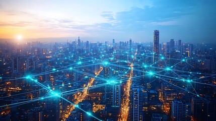 Fototapeta premium A modern city viewed from above, where glowing blue and green lines represent data streams connecting the urban landscape. The digital web creates a futuristic atmosphere,