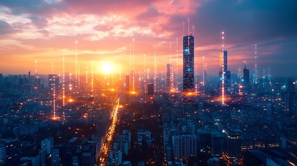 Fototapeta premium A modern cityscape glowing with digital energy as the sun sets, with illuminated data streams connecting wireless towers and smart homes. The sunset creates a vibrant sky of pink, orange, and purple,