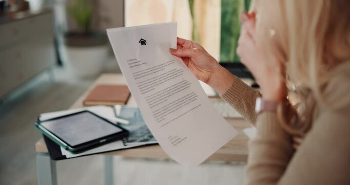 Excited, woman and reading document from university for acceptance, scholarship success and study opportunity. Girl, surprise and college letter for education news, report and announcement at house
