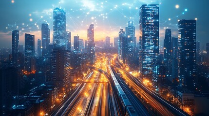 A modern metropolis with visible glowing communication networks connecting elevated highways, high-speed trains, and sleek skyscrapers. The illuminated data streams pulse across the urban landscape,