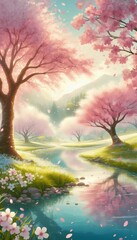 A serene landscape featuring cherry trees in full bloom, with petals gently falling like confetti

