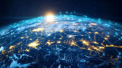 Obraz premium A satellite view of Earth, where bright neon data streams visibly link continents and cities, creating a vast web of global communication. The digital lines pulse with energy,