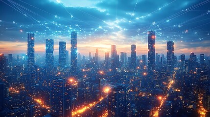 Fototapeta premium A skyline dominated by tall, sleek high-rises connected by glowing communication lines representing cloud networks and wireless connectivity. The city is illuminated by vibrant neon lights,