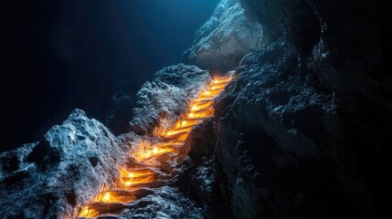 Fototapeta premium A stone staircase leading up a cave with a light shining from above.