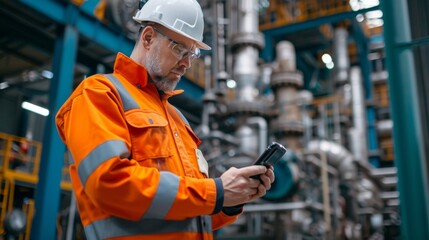 A worker in safety gear checks his phone in an industrial setting, surrounded by machinery and equipment.