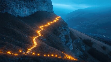 A winding mountain path illuminated by lights at night, with a dramatic cliff face in the background.