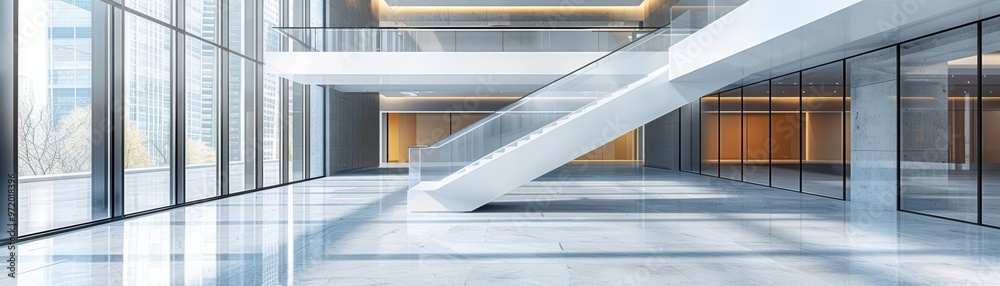 Aufkleber Modern interior of a spacious building with large windows and contemporary architectural design.
