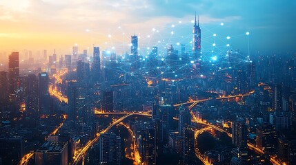 Fototapeta premium A sprawling cityscape with digital communication lines visibly connecting every building, bridge, and road, glowing in vibrant neon hues. The futuristic city pulses with technological energy,