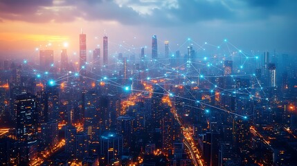 Fototapeta premium A sprawling cityscape with glowing data cables and wireless signals connecting smart buildings and transportation networks. The city lights up with vibrant neon pathways,