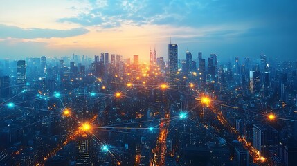Fototapeta premium A sprawling cityscape with glowing data cables and wireless signals connecting smart buildings and transportation networks. The city lights up with vibrant neon pathways,