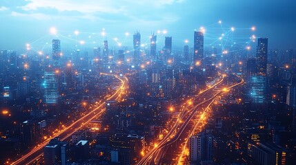Fototapeta premium A sprawling futuristic city glowing with interconnected neon lines, where highways, trains, and skyscrapers are seamlessly linked by glowing communication networks.