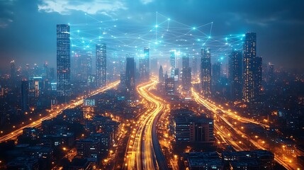 Obraz premium A sprawling futuristic city glowing with neon communication lines, interwoven between highways, skyscrapers, and smart homes. The web of digital energy illuminates the skyline,