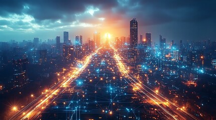 Obraz premium A sprawling metropolis glowing with interconnected digital pathways, where every road and building is part of a visible data network. The city pulses with vibrant neon lights against the night sky,