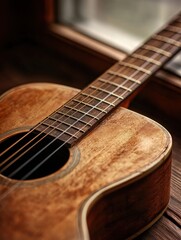 Fototapeta premium Close-up of a beautiful wooden guitar resting by a window, showcasing its intricate details and warm tones, perfect for music lovers.
