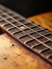 Fototapeta premium Close-up of a vintage guitar fretboard showcasing intricate details and craftsmanship, perfect for music enthusiasts.