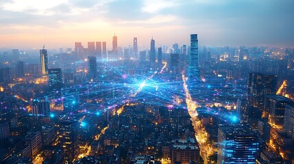 Fototapeta premium A sprawling modern city seen from above, with glowing blue and purple digital lines representing data networks weaving between every building and street.