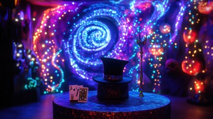 The Halloween display features a magician's podium adorned with a top hat, wand, and cards, all highlighted by enchanting swirling lights
