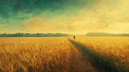 Wheat field ready for harvest, morning sunlight, gardener in the distance preparing to harvest, vintage style. 