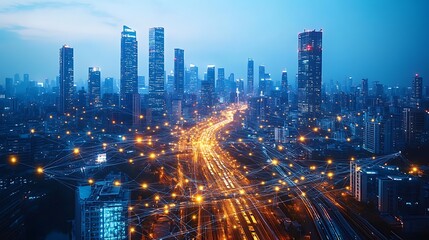 Fototapeta premium A sprawling smart city seen from above, with glowing communication networks connecting roads, high-speed trains, and skyscrapers. The city is alive with digital energy,