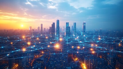 Fototapeta premium A sprawling urban landscape at dusk, where illuminated data lines crisscross between buildings and public spaces, symbolizing hyper-connectivity in a futuristic city.