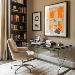 Fototapeta premium Modern Home Office Interior with Glass Desk Bookshelf and Abstract Art