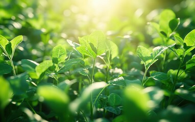 Obraz premium Close-up of lush green plant leaves basking in sunlight, showcasing the beauty and vitality of nature in bright, natural lighting.
