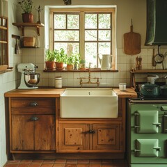 Rustic Kitchen Sink with Green Stove and Window View