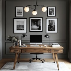 Modern Home Office Desk with Wooden Table  Computer  and Decor